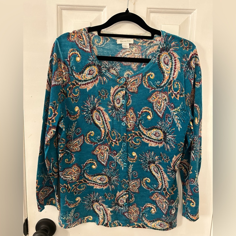 Garnet Hill Size M Medium Merino Wool Teal Paisley Cardigan